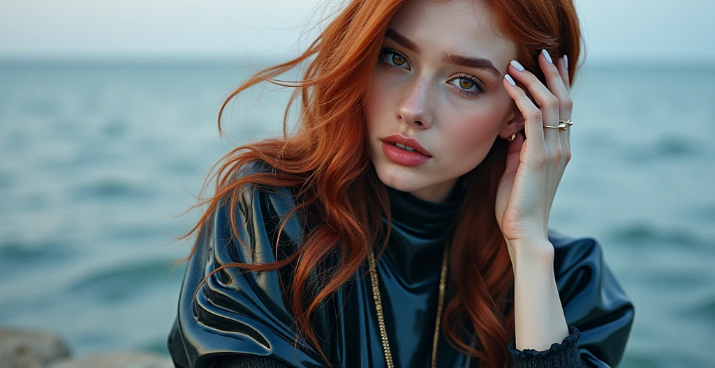 a woman with red hair, hyper-realistic skin, shiny/glossy, modern jewelry, gongbi, portraiture, dark teal and light gold, tropical landscapes, Face portrait photo oF a 21 Year-old German woman, .raw, beautiFul woman, half strawberry lips, strawberry lipstick, Fossettes, big breast, realistic legs, high heels, nostalgic look, detailed light brown eyes, great student, thin eyelashes, (Brown extra long blond hair), ((detailed Face)), ((detailed Facial Features and skin texture)), (Finely detailed skin), light brown skin, (Deep neckline detailing high-tech cyberpunk dress), Cyberpunk big city environment, (cold colors), moist, moist, reFlections, (masterpiece) (height ratio / perfect width) (photo realist) (best quality) (detailed) Shot with Canon EOS R5, ObjectiF 50mm, F/2.8, human development report, (8k) (wallpaper) (light) (Dramatic Light) (sharp focus) (complicated), sharp details, skin detail sharpness, 