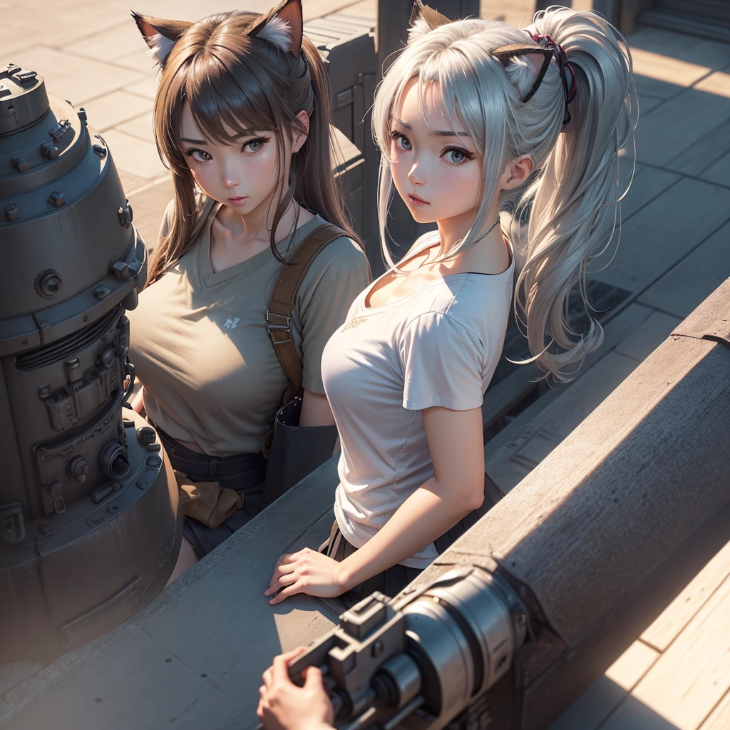 In a realistic 3DCG style、Please draw a 25 year old woman with average facial features of a Japanese female idol.。She has cat ears and long silver hair tied in a ponytail.、She is wearing a white V-neck T-shirt and skirt。The view is from below、Set her face to look up、Please draw so that the whole body is visible。She stands strong and dignified.、In the background, a tank equipped with a large main gun with realistic texture is placed.、The tank had『res』It is written that。Please realistically express the scene that highlights the character's determination and overwhelming presence.。