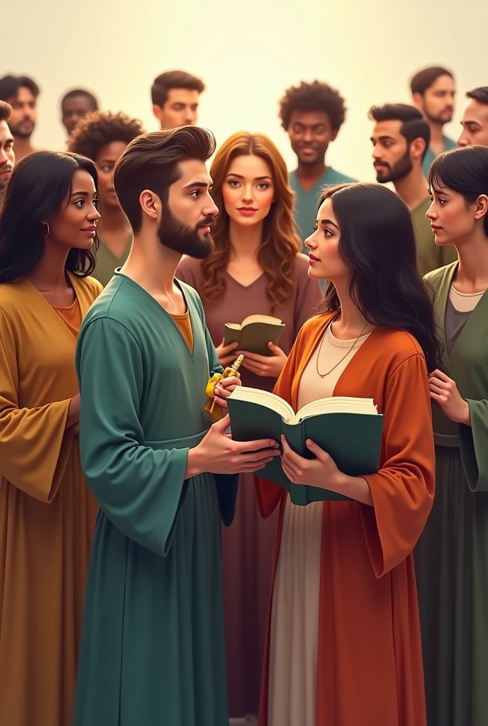 Diversity of People: An image showing a group of people of different ethnicities, genders and ages, each holding a religious symbol or a book, showing diversity and respect for different beliefs.