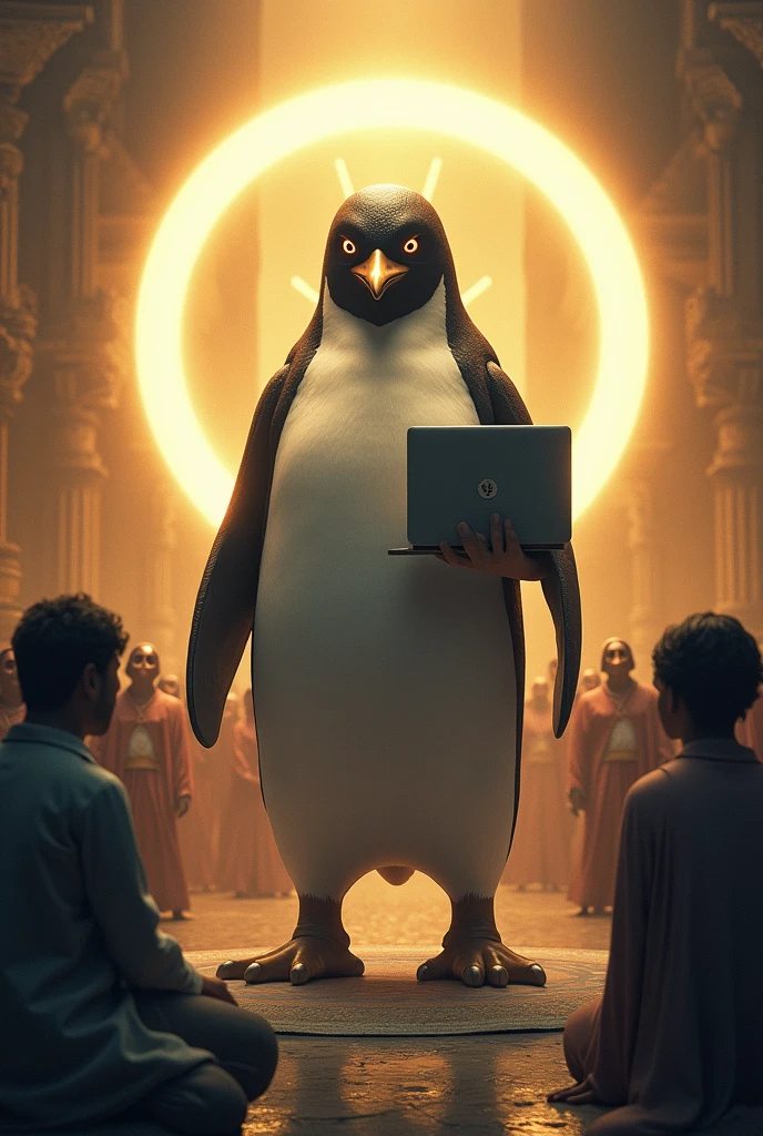 Make me the Linux Tux Penguin but as if he were a god with a ring of light behind him and holding a no-name laptop and people around him worshipping him