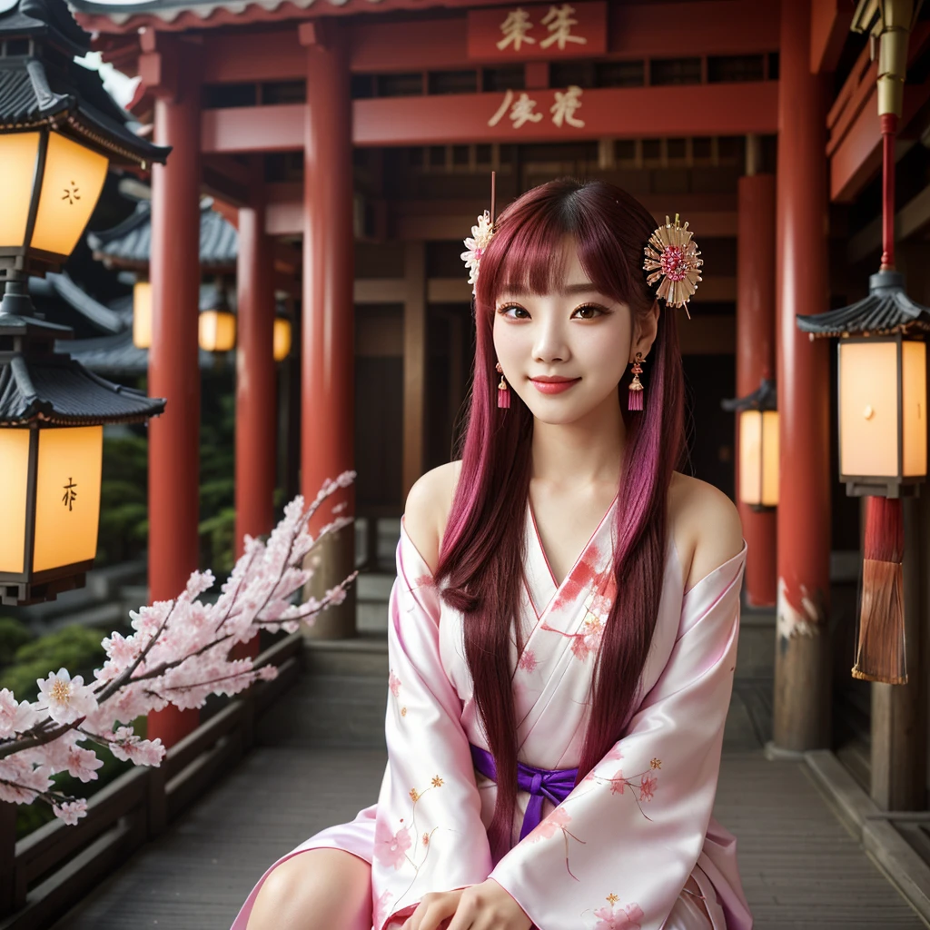 One person, (Urzan-6500:0.7), K-Pop Idols, yae miko, Removable sleeves, Exposing shoulders, Pink Hair, Long Hair, kimono, Highest quality, (Painting:1.5), (hair ornaments:1.35), jewelry, Purple eyes, Earrings, chest, torii, cherry blossoms, Lantern Light, Depth of written boundary, Detailed face, Face Focus, ribbon_trim, (View your viewers:1.25), Non-traditional Shrine Maiden, Glowing Skin, Long sleeve, smile, Thick lips, Game CG, Put your hand on your lips, East Asian architecture, (Blurred Background:1.2), Sitting, Upper Body,
