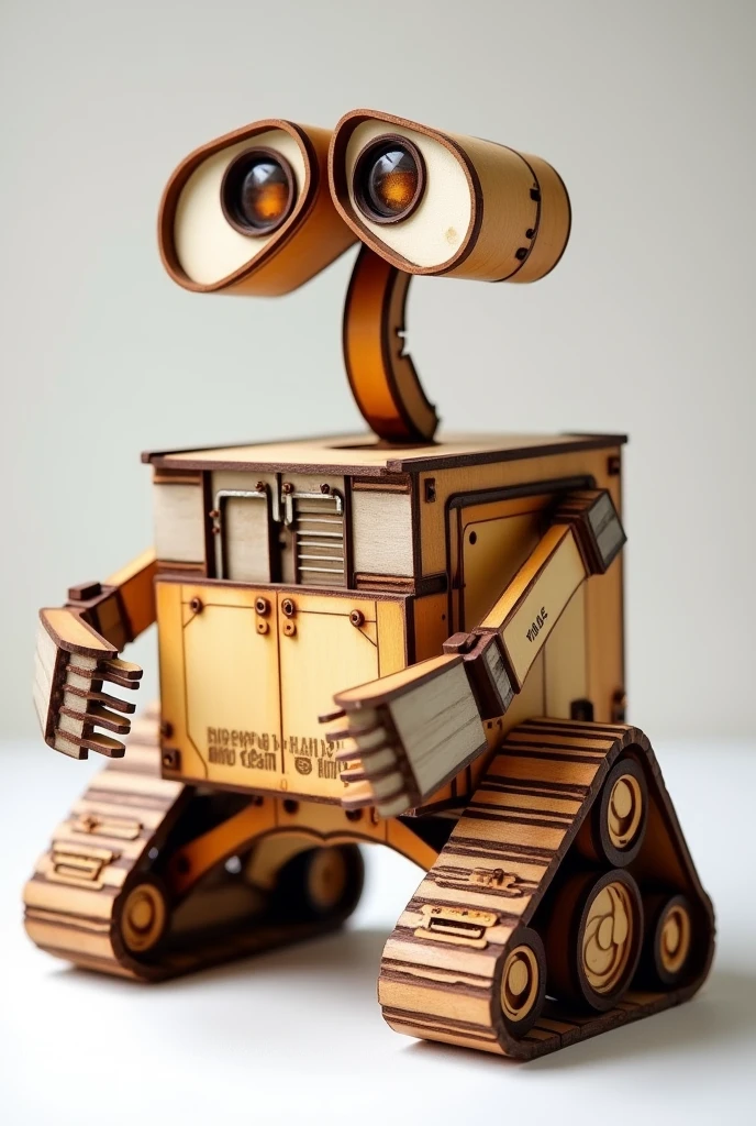 Generate me an image of Wall-E in laser-cut wooden MDF