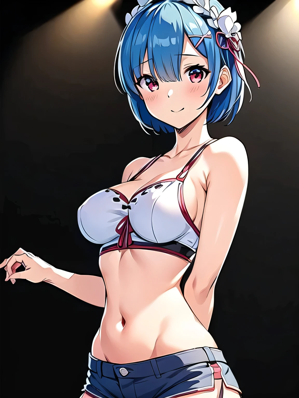 all realistic intricate details, masterpiece, best quality, highres, rem1, 1girl, solo, rem \(re:zero\), blue hair, short hair, red eyes, hair over one eye, ribbon trim, hair ribbon, x hair ornament, frills, crop top white, denim shorts,medium breasts, cleavage, sedection pose , hair flower, outdoor, standing, smile, perfect background, perfect light