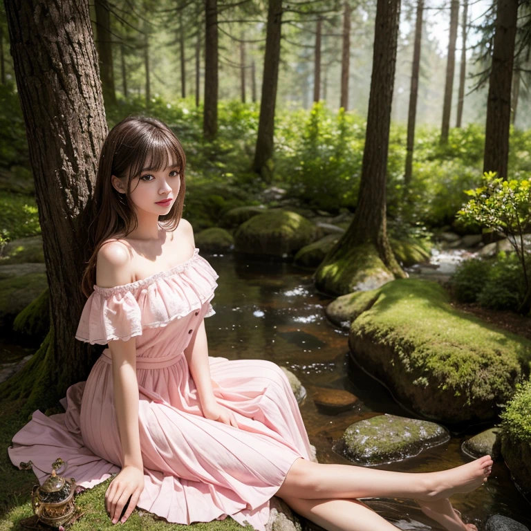 long skirt,skirt, pink skirt, Pink chiffon pleated long skirt,(knee shot), 1 woman, On the face, light brown hair, blunt bangs, hair behind ears, Hair over the shoulders, long hair, Slender body type, Super thin face, face slimming, delicate lips, beautiful eyes, Thin blush, Eyes are light brown,Check it out here, (realistic:1.3), in the coniferous forest, One person's perspective, 8k, Super detailed, high quality, best quality, High resolution,(masterpiece))、(top quality)、8k、high detail、Super detailed,21 years old female,Seductive and whimsical style、masterpiece、born、Scenes resembling fairy tale illustrations、Intricate details and complex designs、Beautifully、magic、capricious、 Beautifully、Dream aesthetics、「𝓡𝓸𝓶𝓪𝓷𝓽𝓲𝓬、ethereal、charming、fickle、magic」、Realism、Visual effects、FXAA、SSAO、Shaders、voiceless、ambient lighting、Tone mapping、High resolution、Ultra high quality、Million pixels、(8k resolution:1.10)、8k、Below 8K、8k resolution、high detail、intricate details, (high quality:1.2、masterpiece:1.2、:1.21)、(31 years old female:1.21)、(Smile excitedly)、(full-body shot,Normal 2 feet,Put your hands behind you,The protrusion of the breast is visible when wearing clothes, Large Breasts, H cup chest, off-shoulder clothes