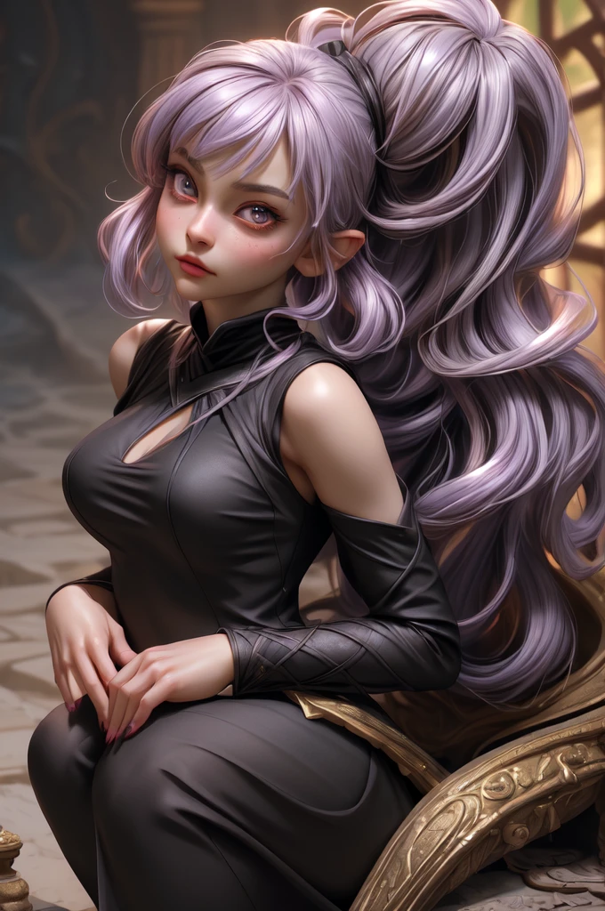 (best quality,4k,8k,highres,masterpiece:1.2),ultra-detailed,(realistic,photorealistic,photo-realistic:1.37),HDR,UHD, ((sabrina)), gnome, short stature, serious face, character, studio lighting,ultra-fine painting,sharp focus,physically-based rendering,extreme detail description,professional,(lavender hair), (gigantic breasts), short hair, ((black suit)), long claws, long nails, frlgsabrina, (blunt bangs), black pantyhose, vivid colors,bokeh,portraits,soft colors,warm lighting,glowing skin,delicate features,expressive eyes,sensual lips,flawless complexion,subtle makeup,feminine posture,ethereal atmosphere,dreamy summer vibes,golden hour lighting,gentle breeze,warm sunlight,playful smile,graceful movement,seamless integration between subject and background,subtle texture,filmic aesthetic,romantic mood,elaborate hairstyles,graceful gestures,curve-hugging outfit,vibrant color palette,soft focus,romantic ambiance,inside chambers,stone architecture,beautifully adorned columns,timeless setting.