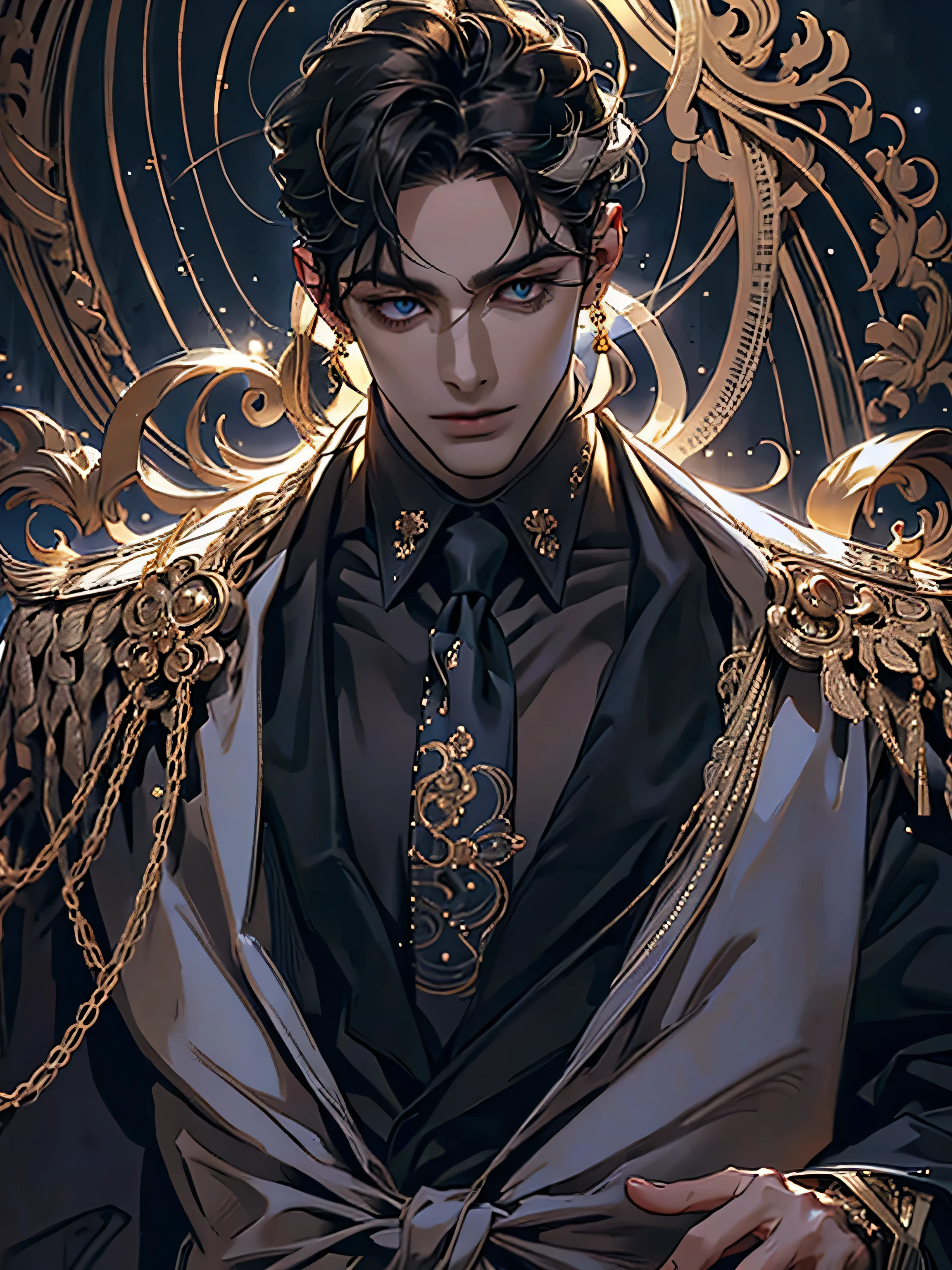 lamplight, close-up cleavage, Handsome men, golden eyes, (Focus eyes, detail eyes, The eyes are bright), (focus face),(Focus clothing), (Focus gold accessories), Medium long black hair, ear piercings, medium skin, dark blue coat, Meticulous suit, gold accessories on clothes, dark blue ties (perfect anatomia:1.2), Highqualityshadow, natural lighting, (White highlights:1.2), (starrysky), (shining), enchanted