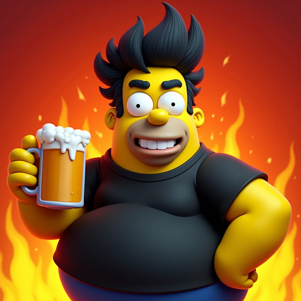 Make a character like Homer Simpsons with white skin color, with a black quiff and a mug of beer in his hand. In the red and orange background. Put a written banner "Bar do Gordão".