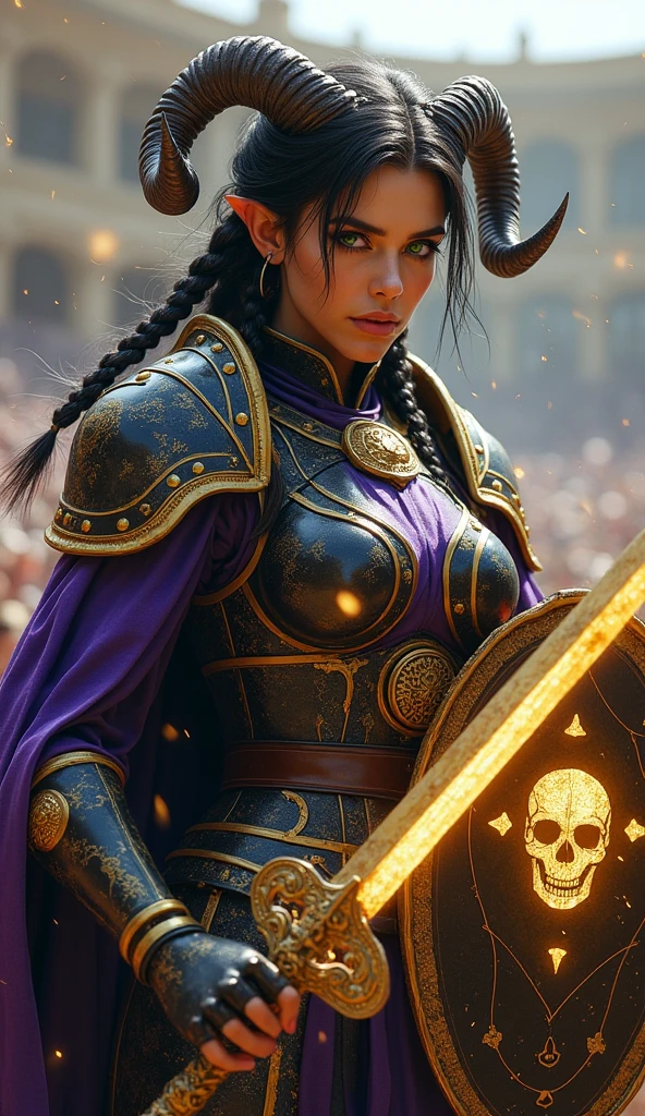 ((portrait, upper torso, armored female paladin, battle worn gloss black and purple lacquered armor:1.4, gold filigree, etched, gold cloak, (yellow skin Tiefling, black ram horns))), [glossblack hair:dark hair:0.8]))), green out eyeshadow, iron tiara), braids, (((glowing radiant white skull engraved sword, shield, sparks, windy))), outdoor, intense sunlight, background crowded arena, action battle pose

