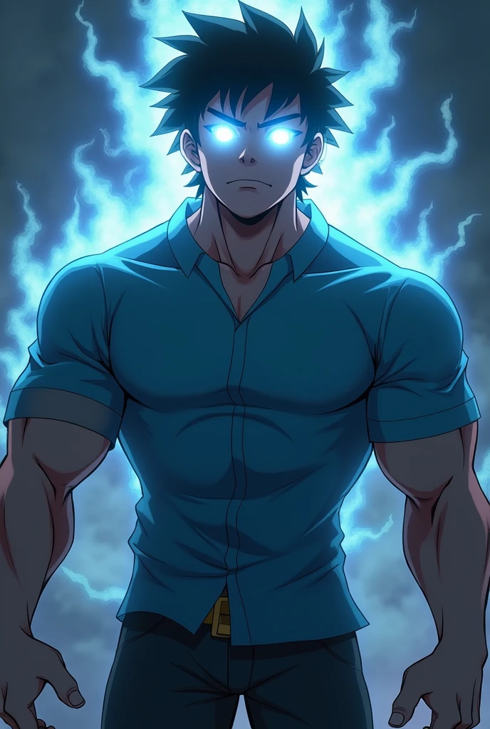 Steve from Minecraft with glowing white eyes dadass , your muscular body , with a light blue anime style shirt
