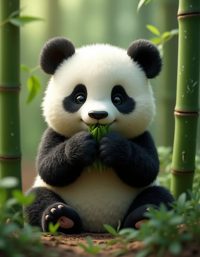 A cute and fluffy panda bear, sitting in a lush green bamboo forest, eating bamboo shoots, detailed facial features, big black eyes, button nose, round chubby cheeks, soft plush fur, is photorealistic, 8K, highly detailed, vibrant colors, natural lighting, and a serene and peaceful atmosphere