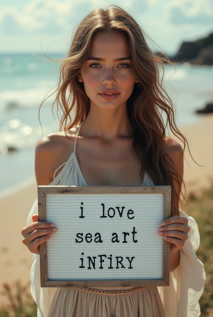 Beautiful girl with wavy long hair, bohemian dress, holding a white board with text "I Love Seaart Infinity" and showing it to the viewer