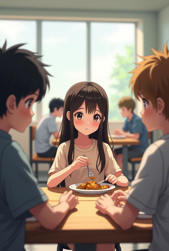 Girl eating in a cafeteria and in front of her there are two boys and the two of them turn to look at her while she doesn't notice