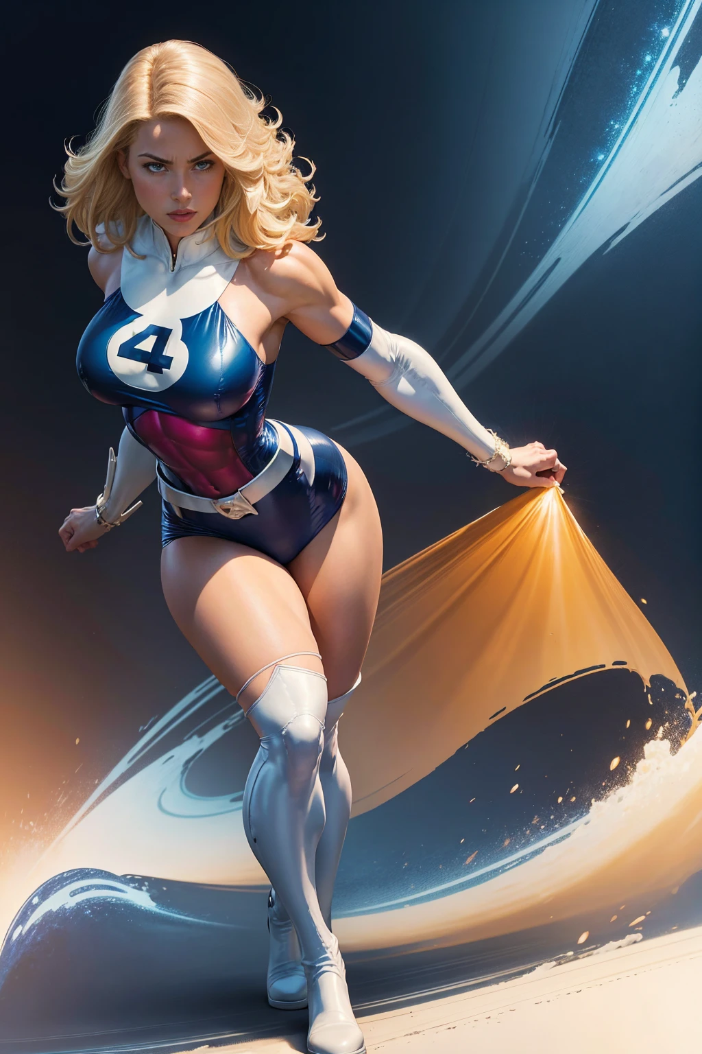 Digital art with oil shading. Full body image. Sue Storm, a 25-year-old superhero from Marvel Comics, has long blonde hair, almond-shaped blue eyes, an athletic body with strong arms and legs, and a large bust. She is wearing a blue bodysuit with the number 4 drawn on the chest, a white belt, long white gloves, and long white boots above the knees. She looks serious. She is standing upright. The image is inspired by the art of Artgerm and Frank Cho.