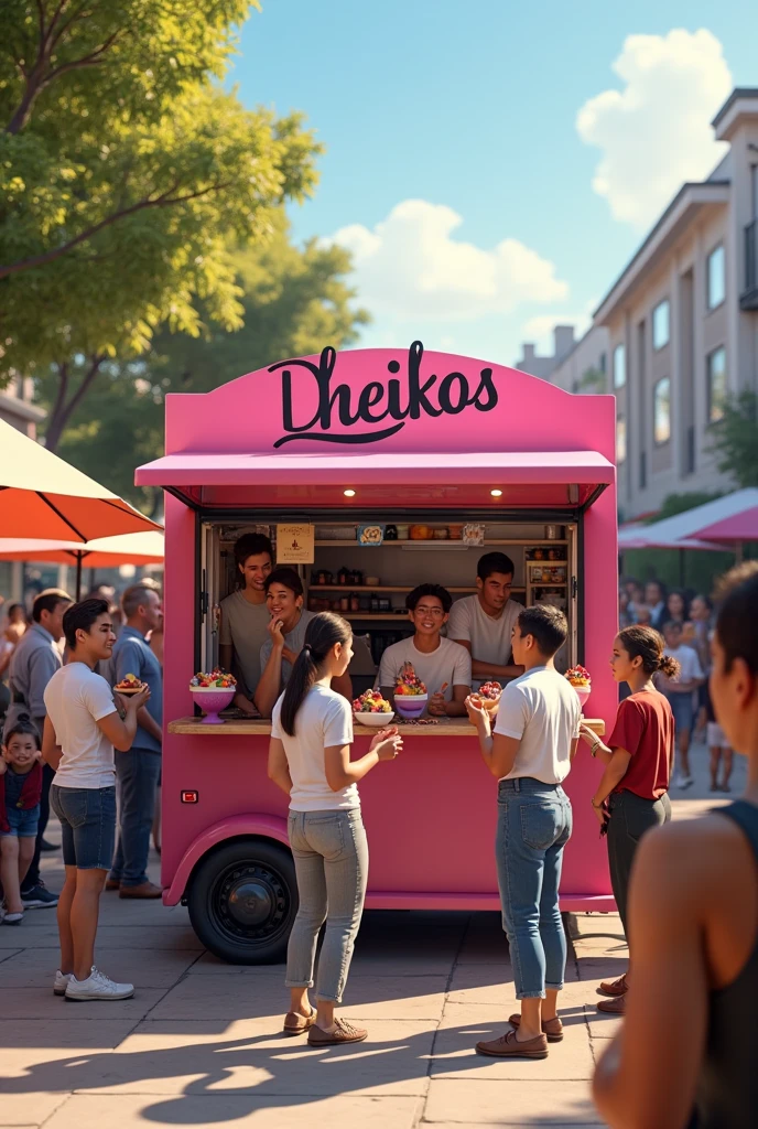 Realistic customers in front of the acai trailer named theikos ,eating acai , ultra HD, high qualiy, best qualityer, high resolution, 8k, 16k perfection in the details