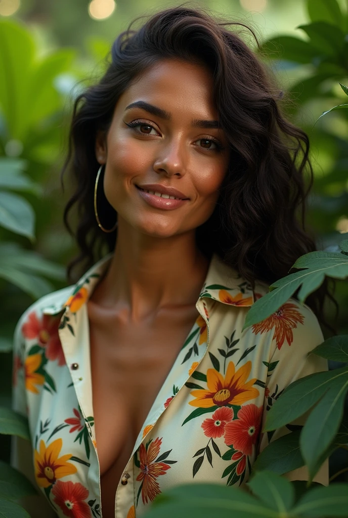 A Brazilian woman in a lush tropical garden, wearing an open shirt with a floral print, with a close-up capturing the harmonious beauty between her breasts and the natural flowers, showing off your natural charm and outgoing personality.