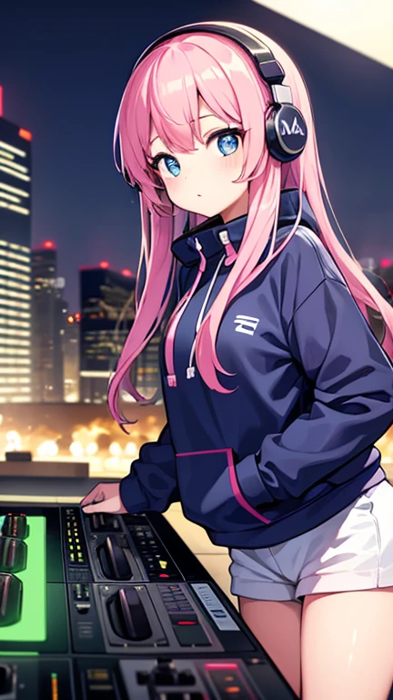 Cute girl DJ with headphones and sweatshirt looking into the camera in a big neon city