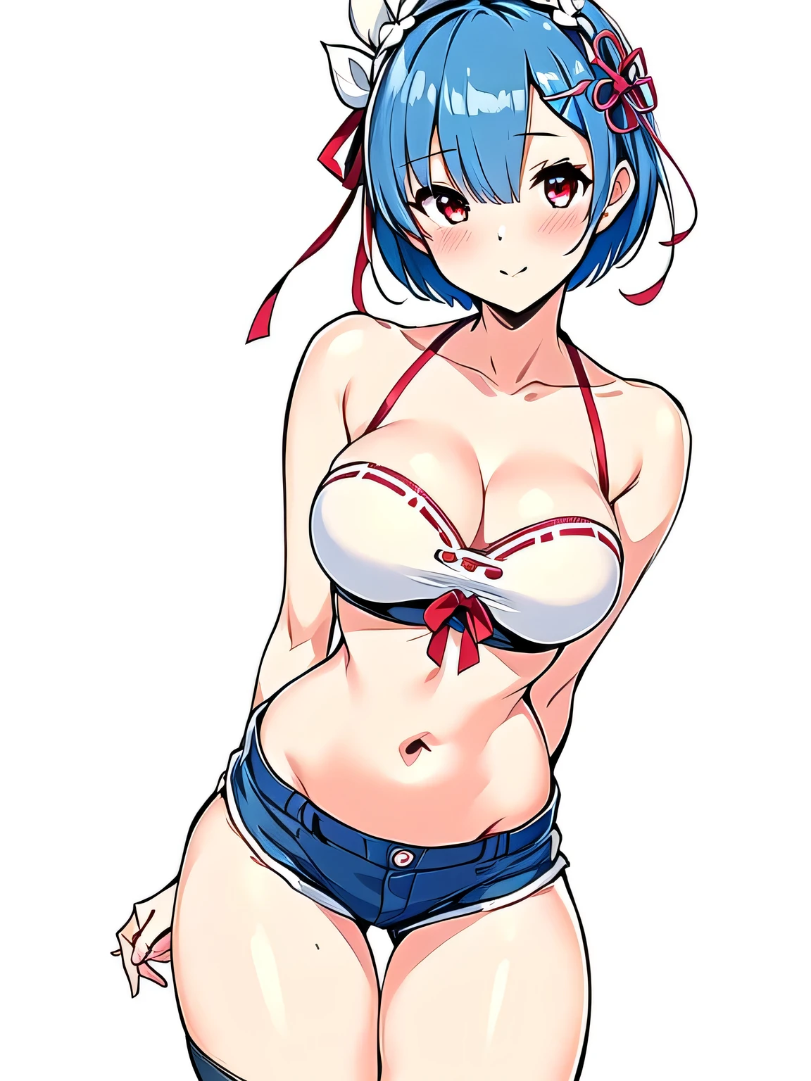 all realistic intricate details, masterpiece, best quality, highres, rem1, 1girl, solo, rem \(re:zero\), blue hair, short hair, red eyes, hair over one eye, ribbon trim, hair ribbon, x hair ornament, frills, crop top white, denim shorts,medium breasts, cleavage, sedection pose , hair flower, outdoor, standing, smile, perfect background, perfect light