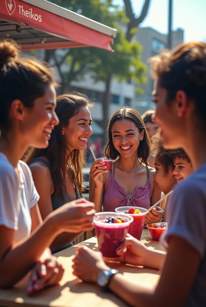 Realistic customers in front of acai trailer named theikos ,eating acai , ultra HD, high qualiy, best qualityer, high resolution, 8k, 16k perfection in the details