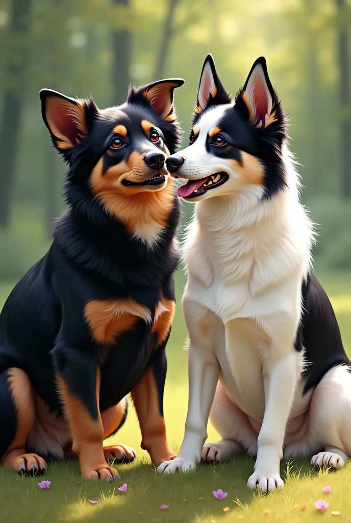 Two female dogs, one black and brown and the other white and black