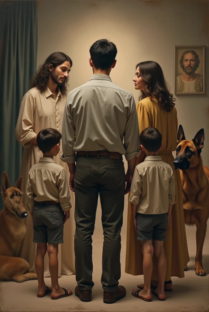 Classical style painting of a family from behind a 26 year old black haired white man, two  boys 3 and 4 years  with dark hair, and a woman with medium brown hair with waves at the ends) an adult German Shepherd and Jesus Christ