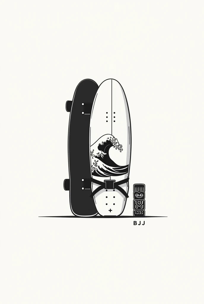 Make a minimalist drawing, black and white with symbols that refer to skateboarding, surf e jiu-jitsu. Where surfing is a wave, the skateboarder just a skateboard and the jiu jitsuer just a belt, all minimalist. Add a Hawaiian tiki and the phrase, skate • surf • bjj