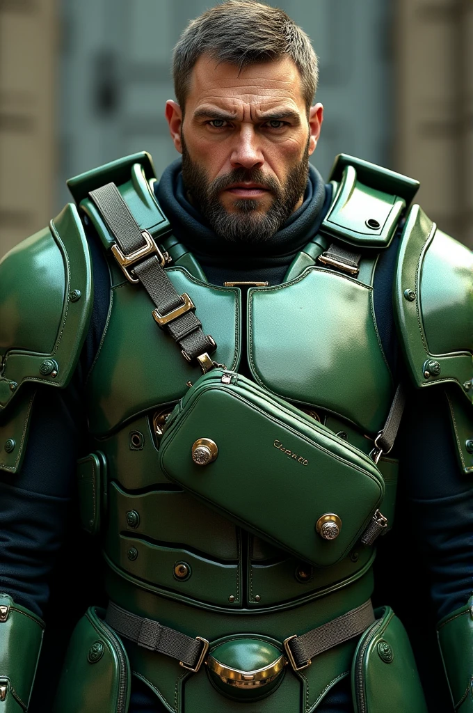 A man wearing a green crossbody bag, an armor that covers the entire body, green in color, man male sex, ultra realisitic 