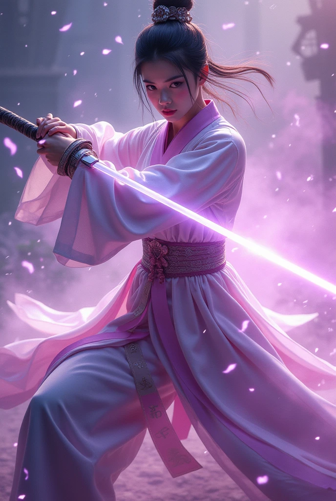 A handsome Chinese girl, Sharp eyes, Clear facial features, Wearing Hanfu, Fighting Stance, Martial Arts Action, The body is surrounded by purple mist, Surrounding Runes, Holographic Reality, Holographic Aura, Motion Blur, Game lighting effects, Rim Light, Soft Light, movie Rim Light, Exquisite lighting, masterpiece, Very detailed, Epic creation, Ultra HD, high quality, best quality, 32K