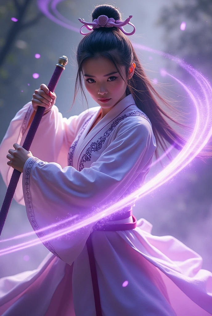 A handsome Chinese girl, Sharp eyes, Clear facial features, Wearing Hanfu, Fighting Stance, Martial Arts Action, The body is surrounded by purple mist, Surrounding Runes, Holographic Reality, Holographic Aura, Motion Blur, Game lighting effects, Rim Light, Soft Light, movie Rim Light, Exquisite lighting, masterpiece, Very detailed, Epic creation, Ultra HD, high quality, best quality, 32K