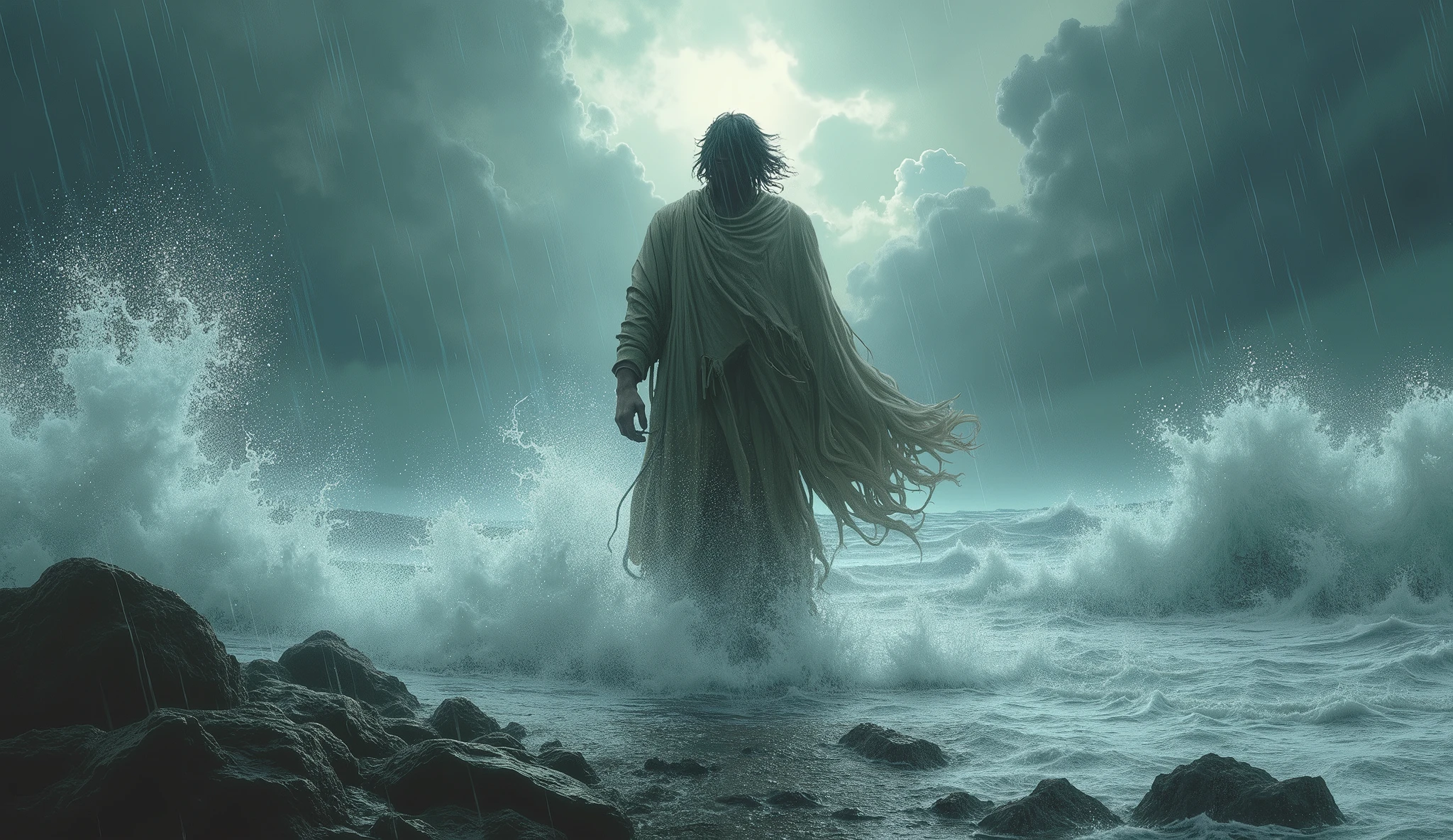 A person walking in the middle of a storm, with strong wind and rain, representing the difficulties and spiritual attacks he faces. Despite the storm, the person remains firm, with a given expression.