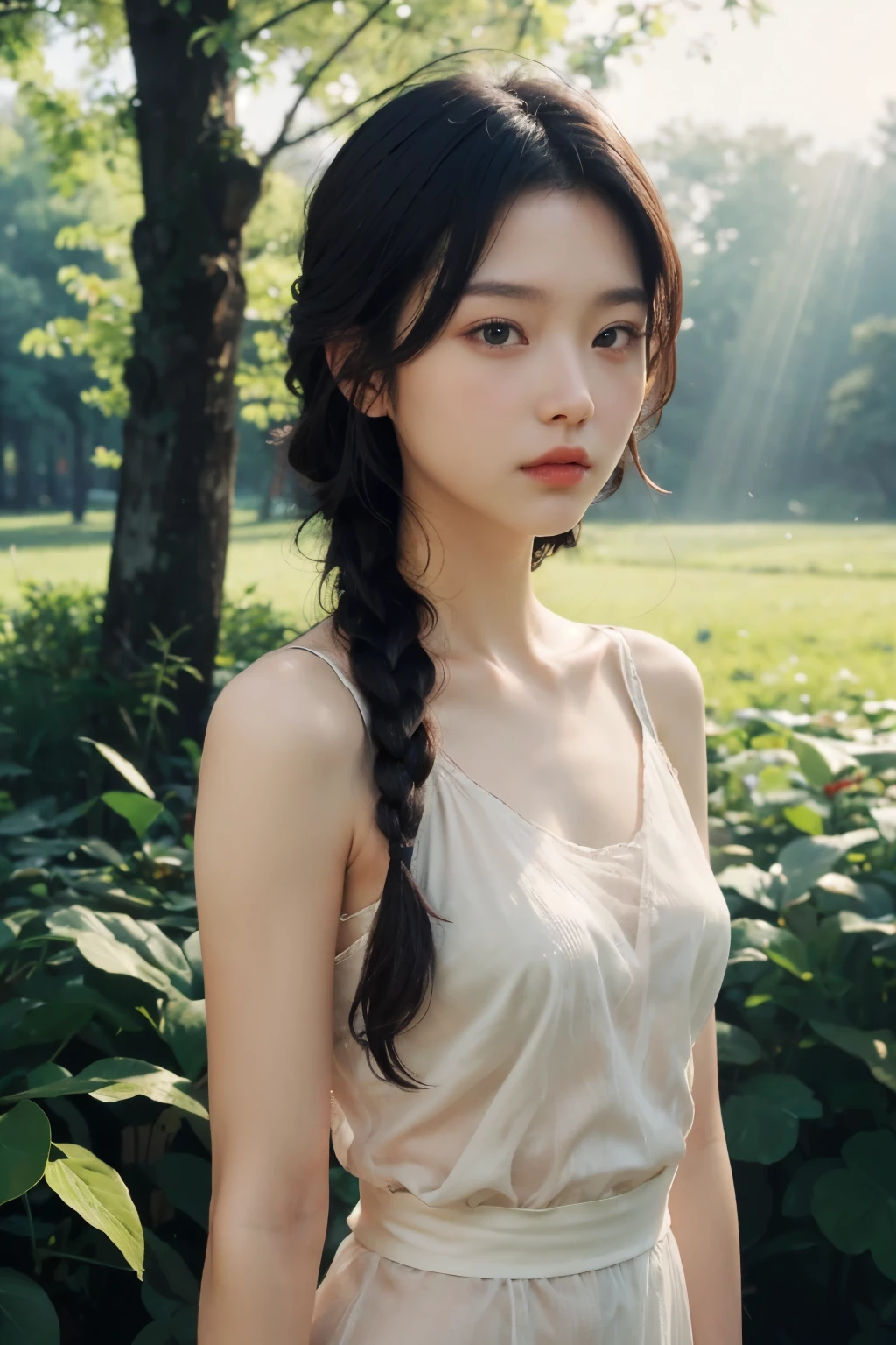 tmasterpiece,Best quality at best,8k wallpaper,ultra - detailed,Ultra-high sharpness,photography of,actual,1 plump girl,Alone,Critical hit rate,black hair color hair,Side braids,intermittently,morningglow,pastels,cold shades,rays of sunshine,gentlesoftlighting,Peaceful atmosphere,The tranquility of the early morning,