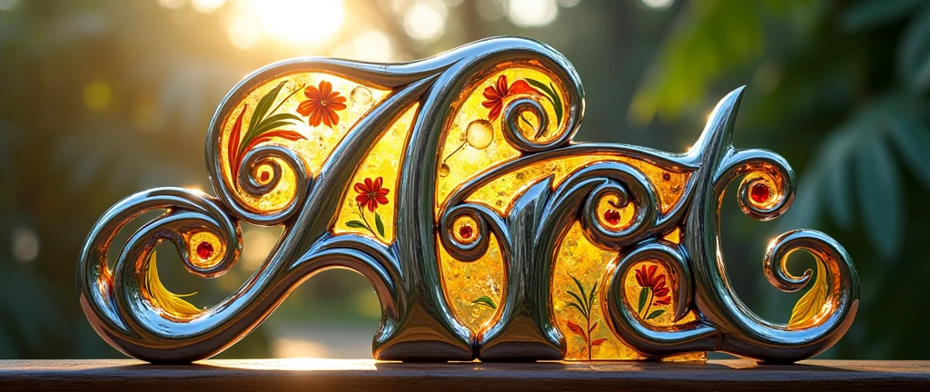 (text:"Art by Morgan C Morgan") The word, straight view sunlit text face, in Art Nouveau fancy thin script style, shiny highly polished silver chrome and thin coloured glass reflecting a tropical garden, heavy metal art nouveau flowing shapes and flourishes, front face view on open background, logo, badge, emblem, insignia, label, photorealistic, extremely detailed, beautiful, unique, epic, creative, artistic, artisan, expert, finesse,