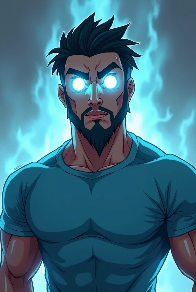 Steve from Minecraft with glowing white eyes dadass , your muscular body , with a light blue anime style shirt, with a shallow beard 
