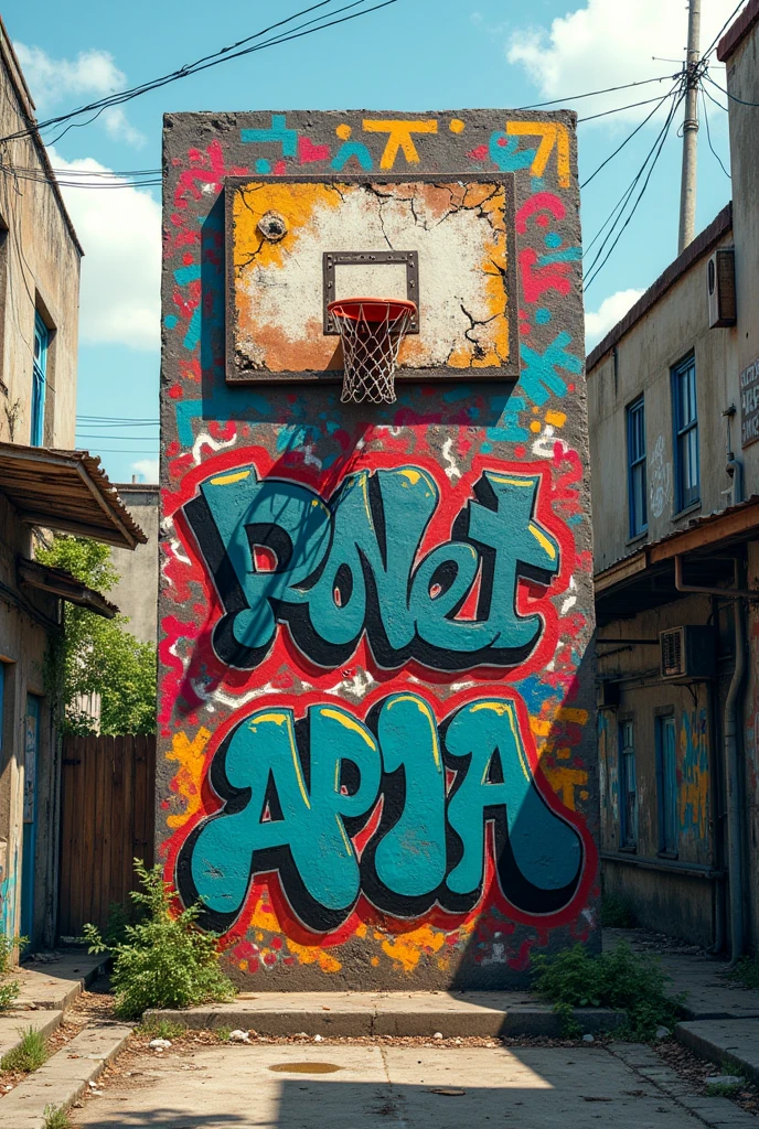 front view of a large half-broken basketball backboard with graffiti designs
