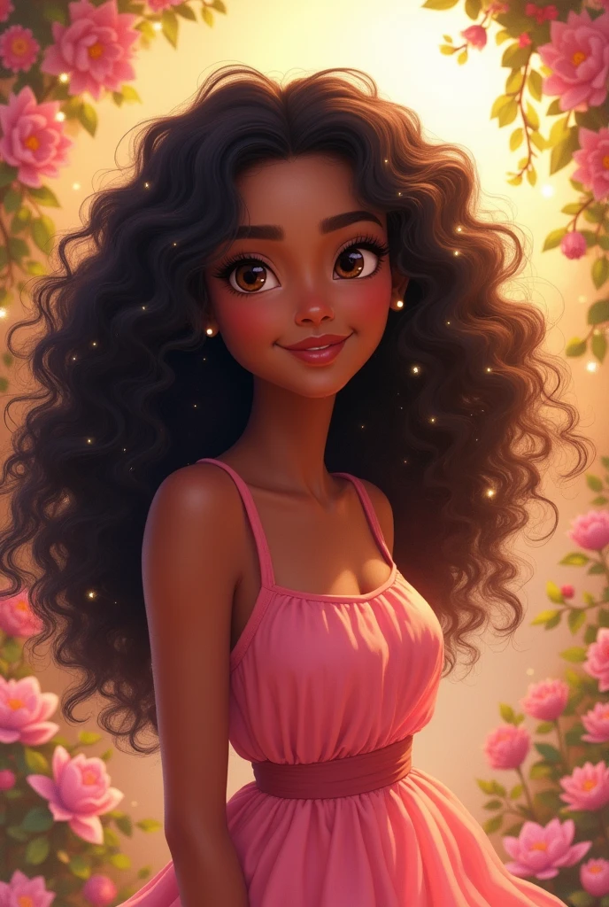 Christian woman , blackquality hair , pink dress , Disney Pixer style, good quality.