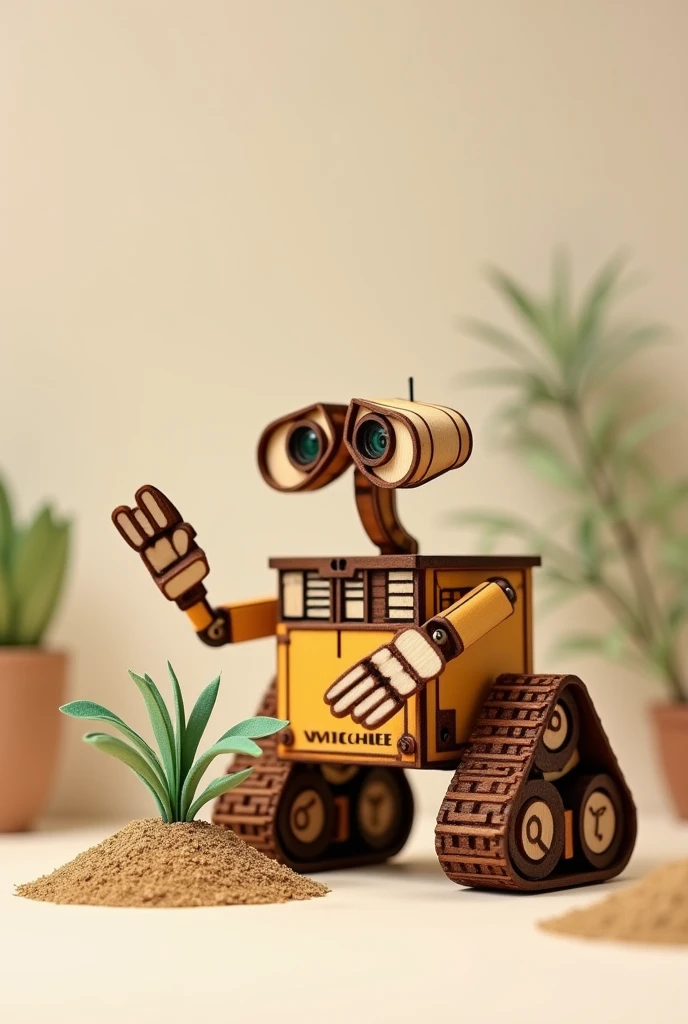 Generate me an image of Wall-E in laser cut wooden MDF picking up a plant 


