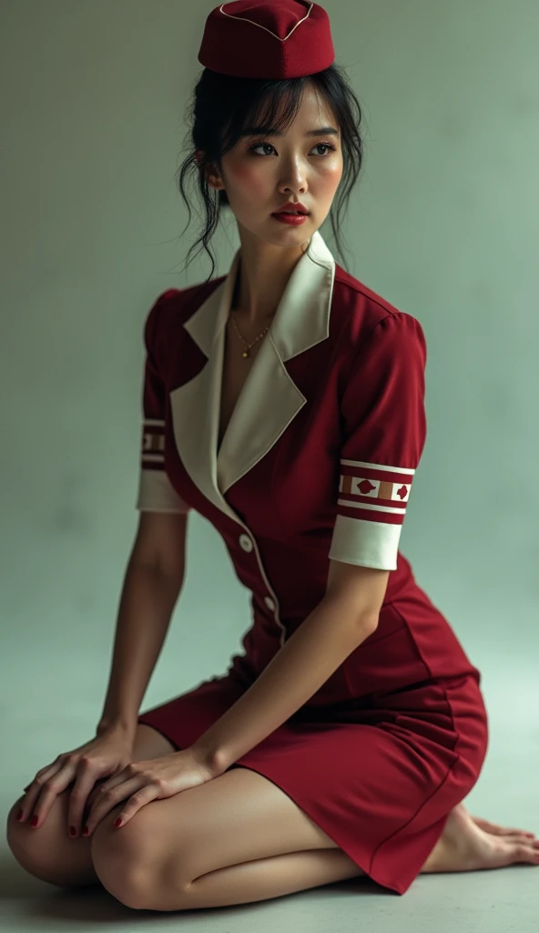 Very beautiful stewardess, Kneeling and looking up at the camera, Moist eyes, whole body