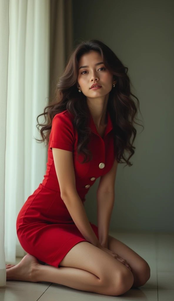 Very beautiful stewardess, Kneeling and looking up at the camera, Moist eyes, whole body