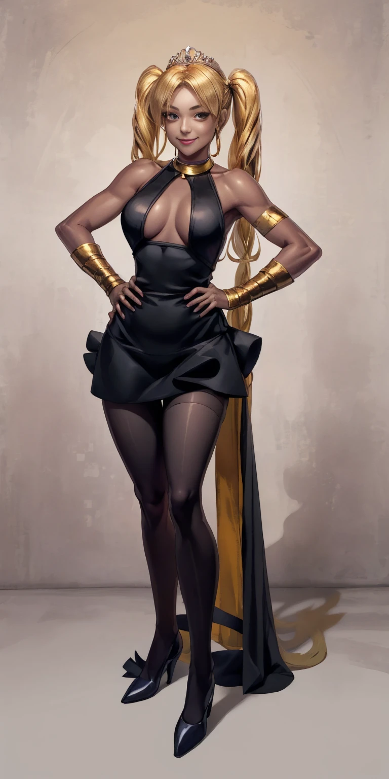 full body standing straight symmetrical, huge cowboy shot, solo 1MILF, lustful smirking smile face, looking at viewer, hands on hips, twintails, twin drills, dress, striped pantyhose, metal handcuffs on their hands with a black maetal slave collar around her neck, cowbell attached to the choker, sleeveless, black stockings, golden tiara