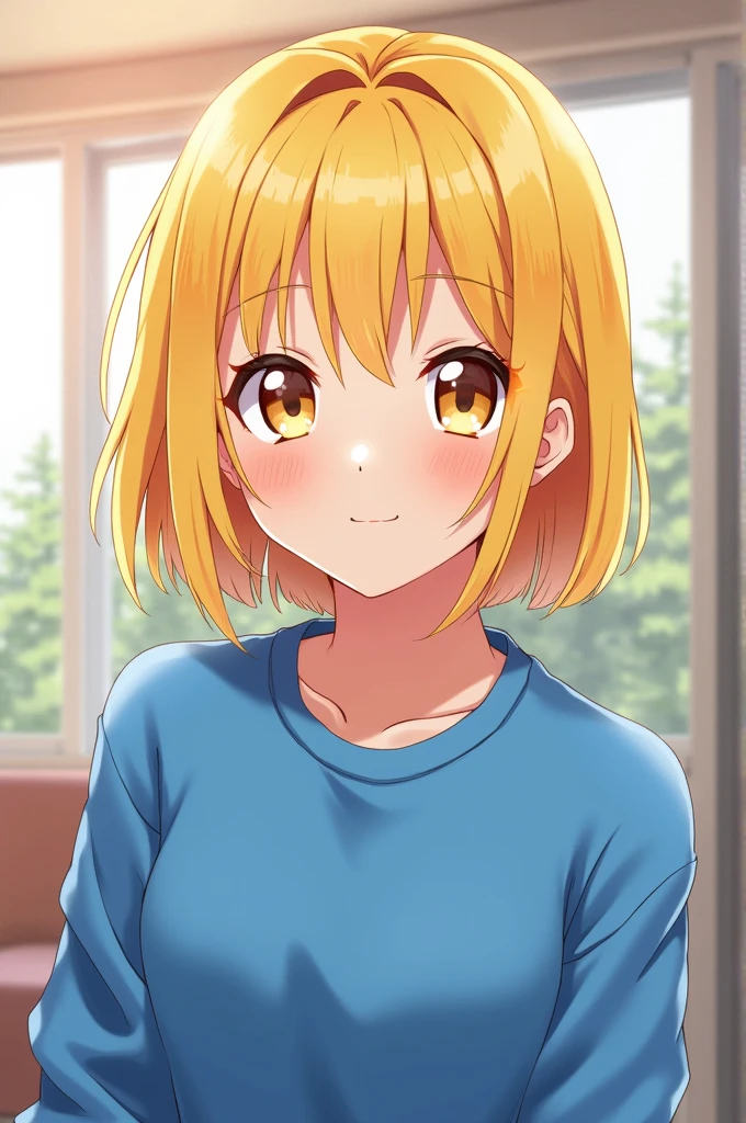 Anime character with blonde hair blue sweatshirt