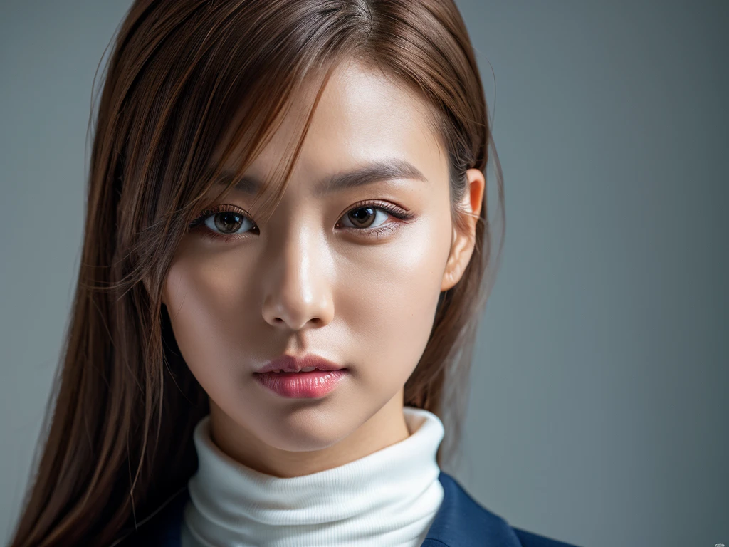 (Detailed face),vivid,turtleneck business suit,4K,Ultra-high resolution,(Photorealistic:1.7),Gray background,Long Hair,