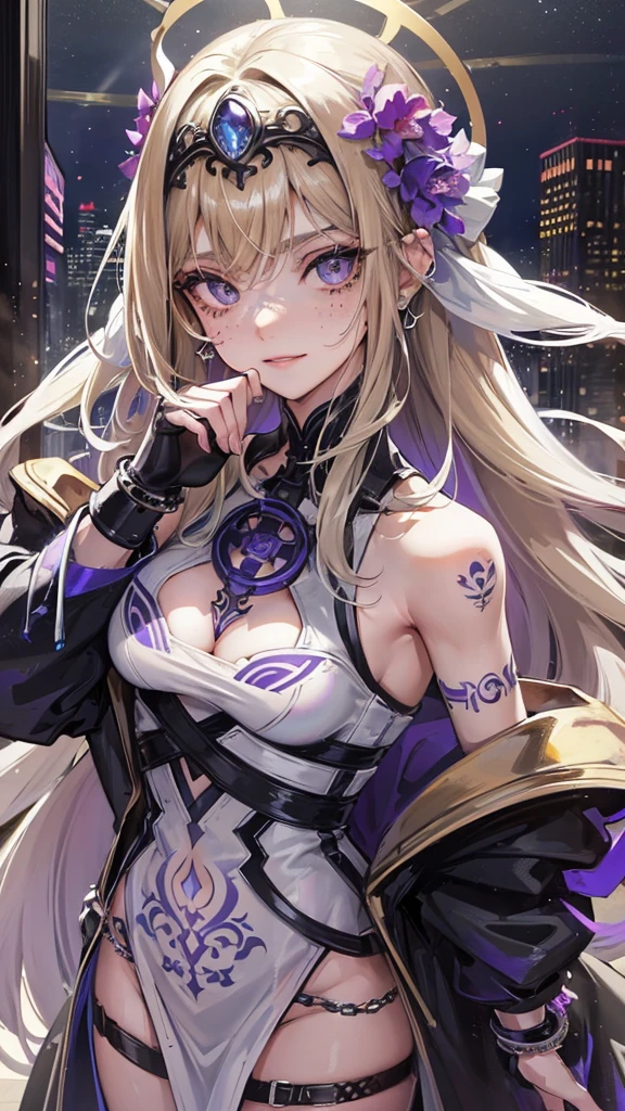 1 girl, anime, high quality, intricate details, futuristic, Greek aesthetic, streetwear, tall, muscular, ancient aesthetic, silver jewelry, flirty, straight bangs, goddess aesthetic, smirk, long hair, headdress, confident, violet eyes, blonde hair, curvy, freckles, city setting, messy hair, short hairstyle, tattoos, city