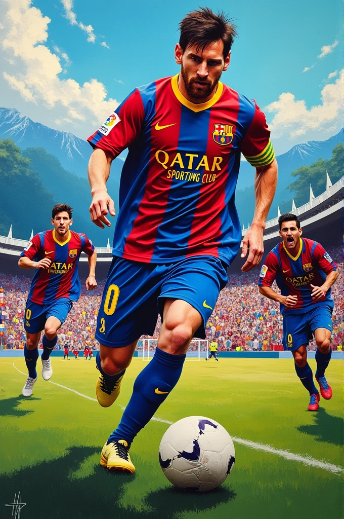 Generates an image of a painting of Messi in the Barcelona Sporting Club team of Ecuador