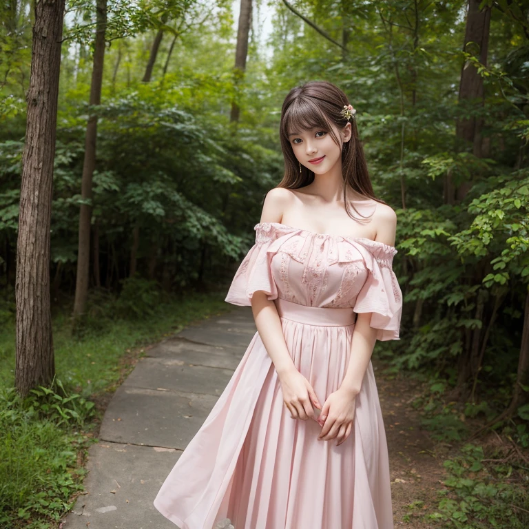 long skirt,skirt, pink skirt, Pink chiffon pleated long skirt，(knee shot), 1 woman, On the face, light brown hair, blunt bangs, hair behind ears, Hair over the shoulders, long hair, Slender body type, Super thin face, face slimming, delicate lips, beautiful eyes, Thin blush, Eyes are light brown,Check it out here, (realistic:1.3), in the coniferous forest, One person's perspective, 8k, Super detailed, high quality, best quality, High resolution,(masterpiece))、(top quality)、8k、high detail、Super detailed，21 years old female，Seductive and whimsical style、masterpiece、born、Scenes resembling fairy tale illustrations、Intricate details and complex designs、Beautifully、magic、capricious、 Beautifully、Dream aesthetics、「𝓡𝓸𝓶𝓪𝓷𝓽𝓲𝓬、ethereal、charming、fickle、magic」、Realism、Visual effects、FXAA、SSAO、Shaders、voiceless、ambient lighting、Tone mapping、High resolution、Ultra high quality、Million pixels、(8k resolution:1.10)、8k、Below 8K、8k resolution、high detail、intricate details， (high quality:1.2、masterpiece:1.2、:1.21)、(31 years old female:1.21)、(Smile excitedly)、(full-body shot，Normal 2 feet，Put your hands behind you，The protrusion of the breast is visible when wearing clothes, Large Breasts, H cup chest, off-shoulder clothes