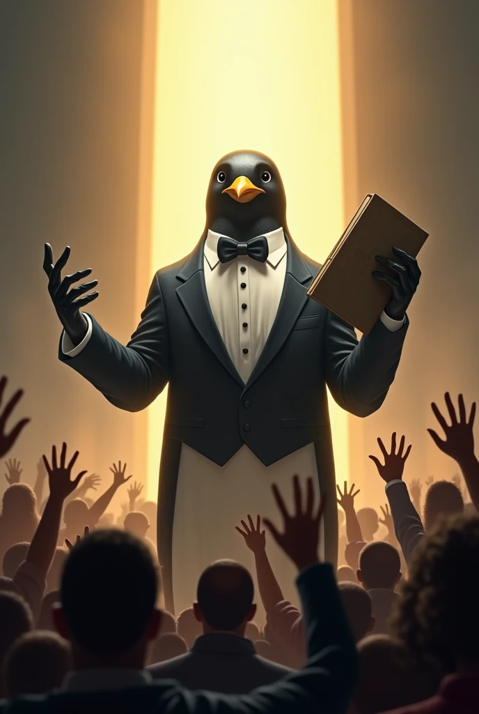 Make me the Tux penguin of Linux but as if he were a god with a ring of light behind him and in one hand he is holding a laptop without a brand and people around him worshipping him and with the other hand holding a book in which they are "the commandments of linux"