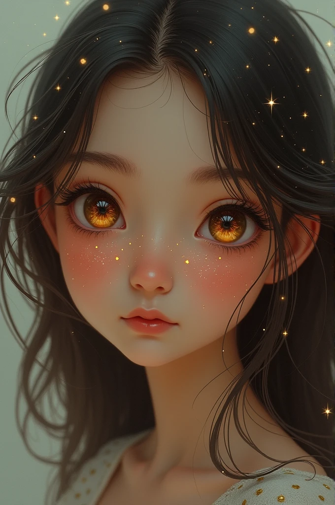 A girl with brown eyes with little stars in her irises