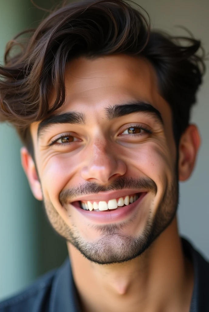 Create an image of a 19-year-old who has defined, somewhat thick, straight eyebrows, that has nice brown eyes that slant when he smiles and that have little wrinkles around the edges of them, have nice eyelashes, that has almost round lenses, have a nice smile, that has somewhat thick lips but not too much, that dimples form, that has facial hair on the chin, not much and only on the chin, that your hair is wavy, between straight and wavy, Let a wavy lock of hair fall over your forehead, has a very small wolf cut