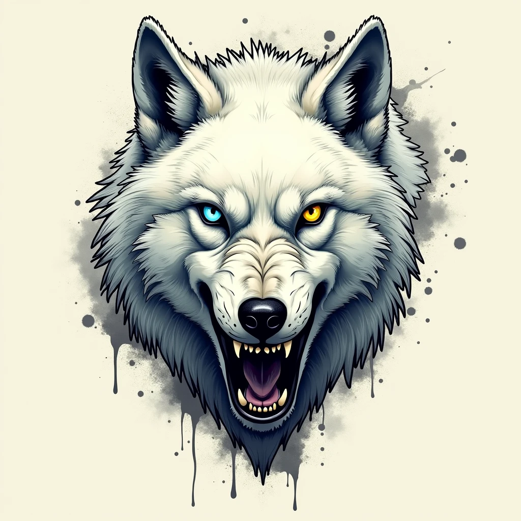 White realistic wolf tattoo art (((odd-eyes))) With ink splatter sketch effect ,He opened his mouth and said,,,,、Looks very fiercely angry,T-shirt logo