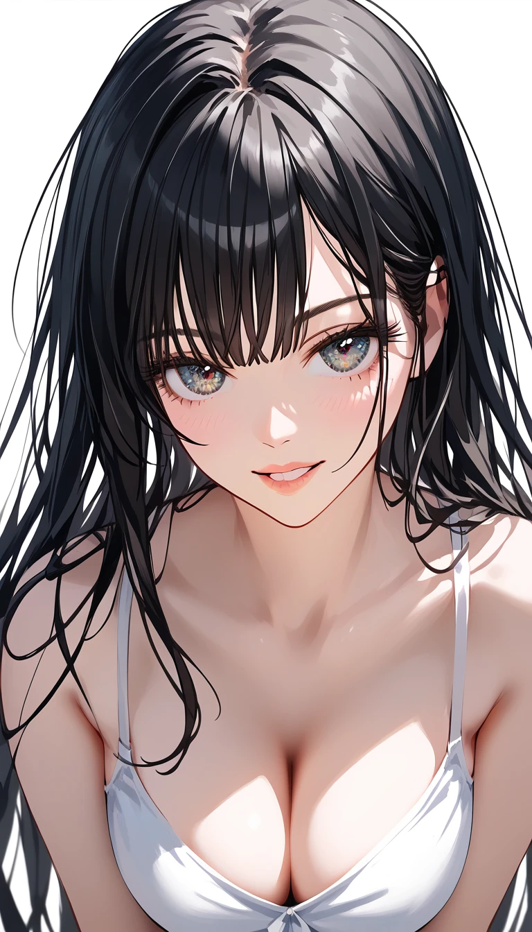 (best quality), beautiful woman, close up face, biting lips, detailed eyes, beautiful eyes, eyelashes, black hair, bangs, long hair, bend forward to viewer, cleavage, summer dress
