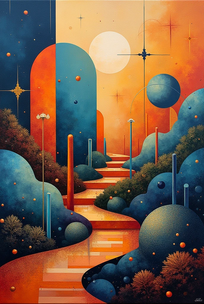 crea una Image abstracta con estilo de pintura en lienzo que englobe la cultura, until, design, untilsanía, Image, artist, obra y público que también refleje la innovación en el until moderno y clásico, Add glitter and star details, Mediterranean type but futuristic without faces and galaxy type