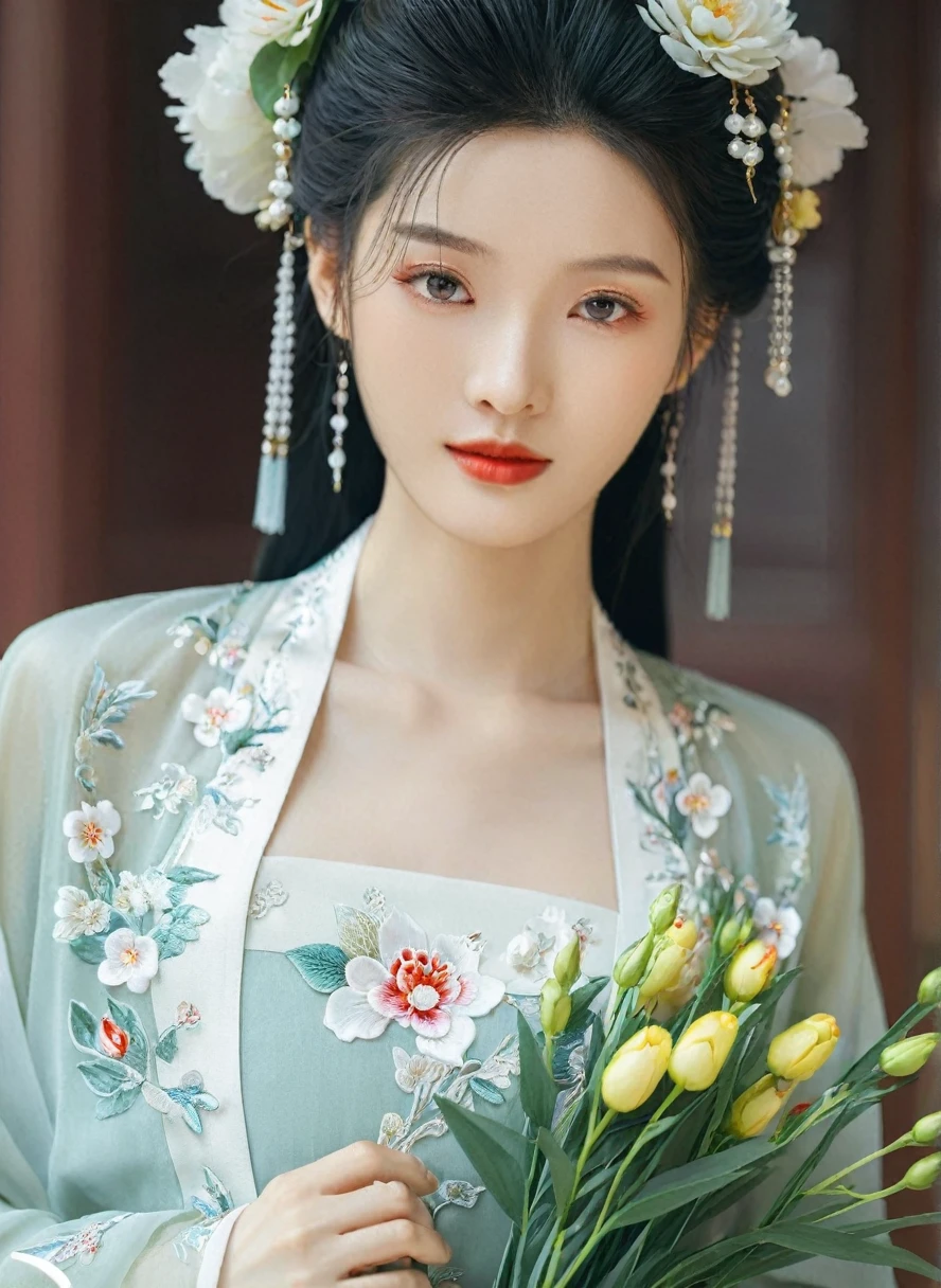 gufeng,Bare shoulders, ((Bare shoulders)), ((Shot in the knee)), ((Standing and walking)), ((Elegant and charming gesture)), ((Close-up shot)), Photo of woman with flowers in hair, Portrait of Du Qiong, CG Trends, Reality, Beautiful Chinese model, Traditional Beauty, Chinese Girl, cgstation Trends, Hot topics on cgstation, Chinese, palace ， Cute and delicate face, beautiful girl, A beautiful young womatomically correct